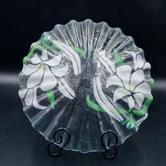 Sydenstricker Art Fused Glass Pink Lily Plate Ruffle Rim Platter 12 Inch - Picture 2 of 6